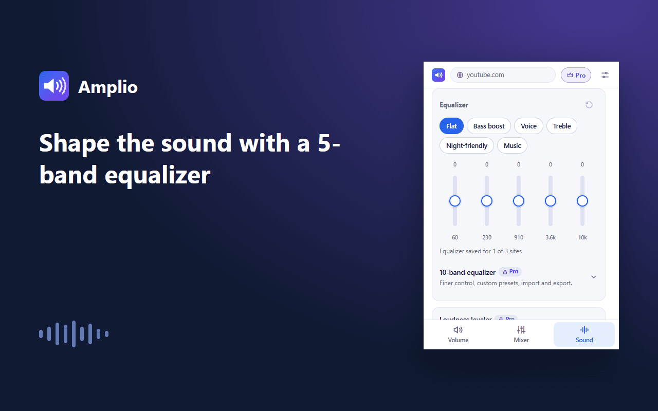 The 5-band equalizer with its presets: flat, bass boost, voice, treble, night-friendly and music.