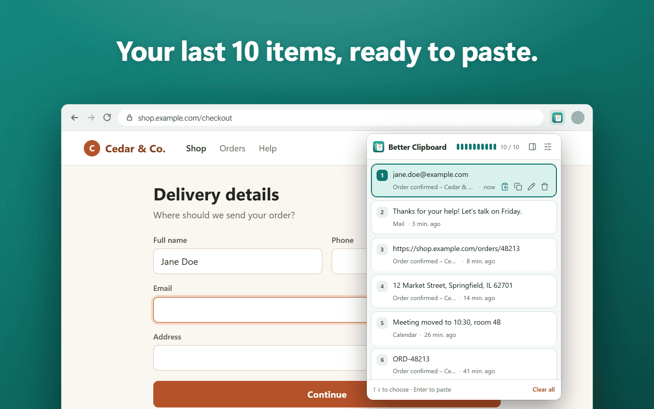 The toolbar popup with 10 numbered items, newest first, each with the page it came from and when it was saved.