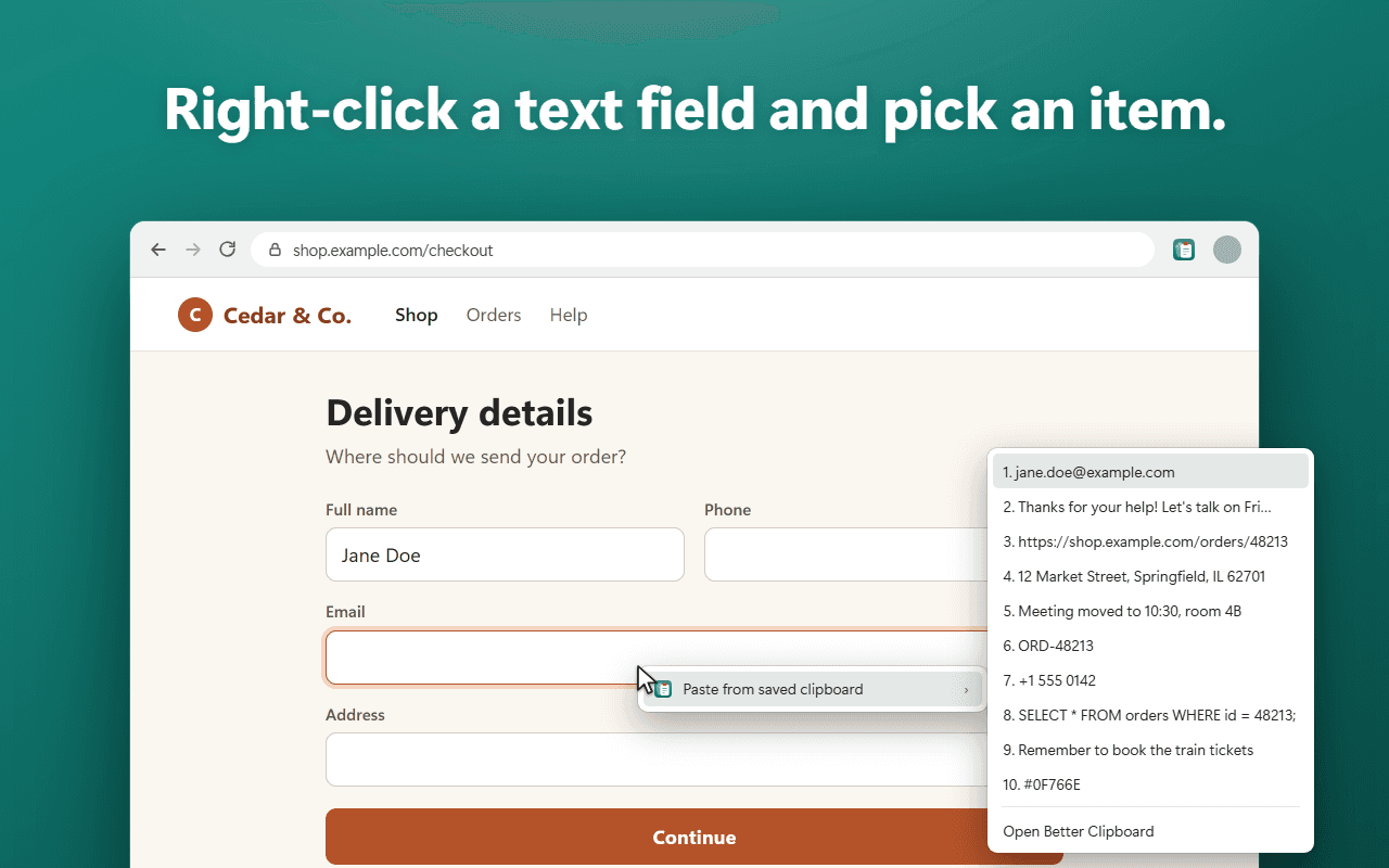 Right-clicking an empty email field shows “Paste from saved clipboard” with all 10 saved items.