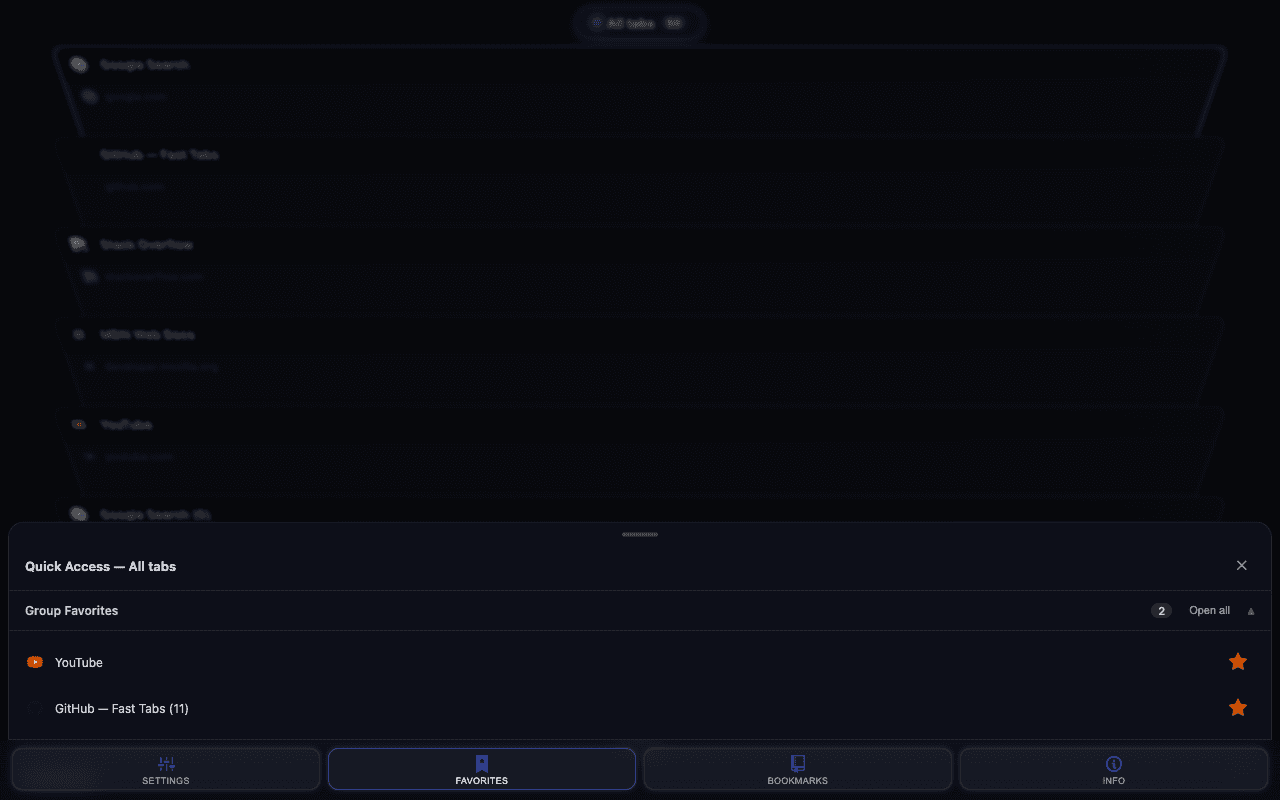 Quick Access with two starred tabs and an Open all button.