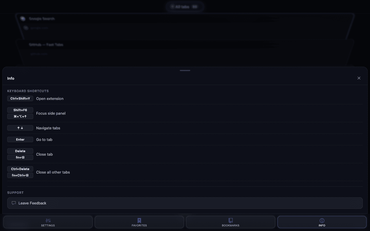 The Info panel listing keyboard shortcuts for opening the extension, moving between tabs, switching and closing them.