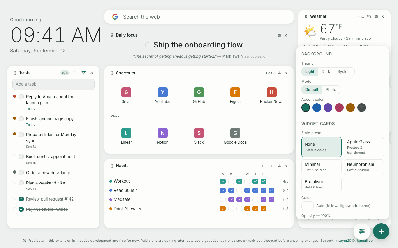 Appearance settings: theme, background, accent color and widget card styles.
