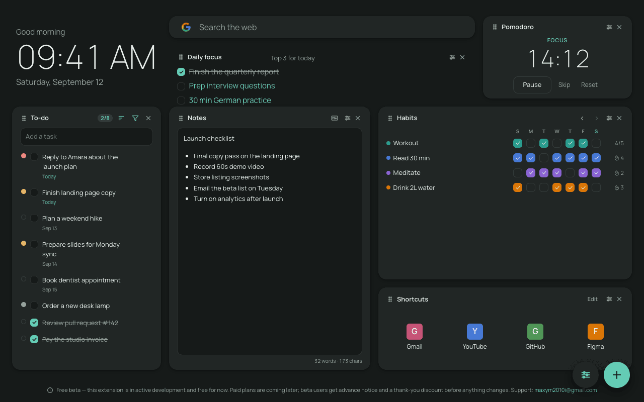 The dark theme, with to-do, notes, habits, a pomodoro timer and shortcuts.