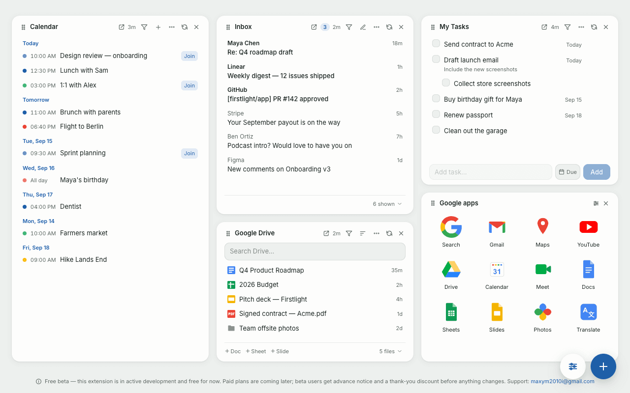 Google widgets: Calendar, Gmail, Tasks, Drive and a Google apps launcher.