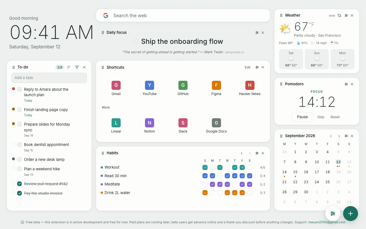 Firstlight’s new tab in the light theme: clock, search, daily focus, to-do, shortcuts, habits, weather, a pomodoro timer and a calendar.