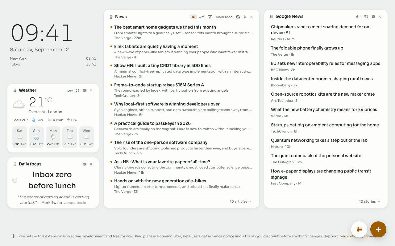 A news layout with a news feed, Google News headlines, world clocks and the weather.