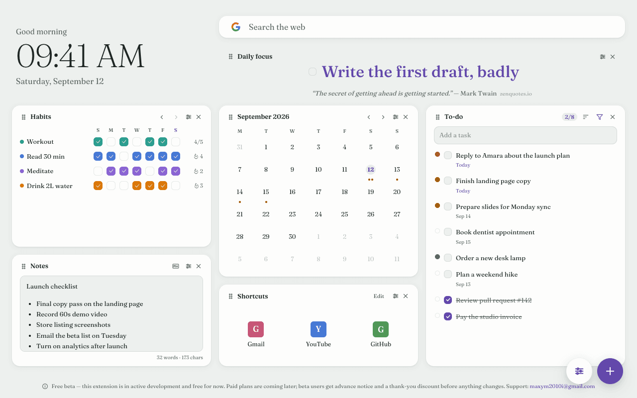 A violet accent and a serif font, with habits, a calendar, notes and to-do.