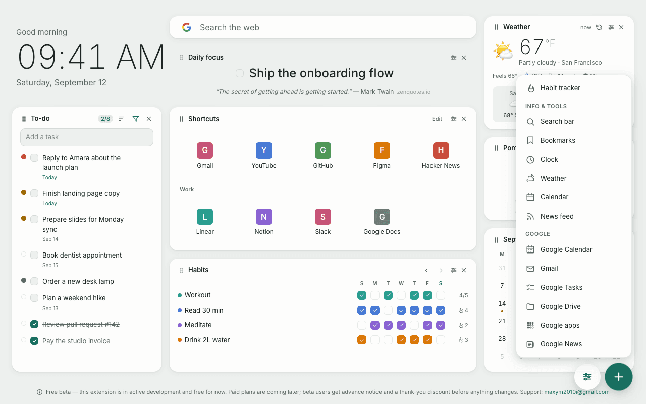The menu for adding widgets, from the habit tracker and search bar to Google Calendar and Google News.