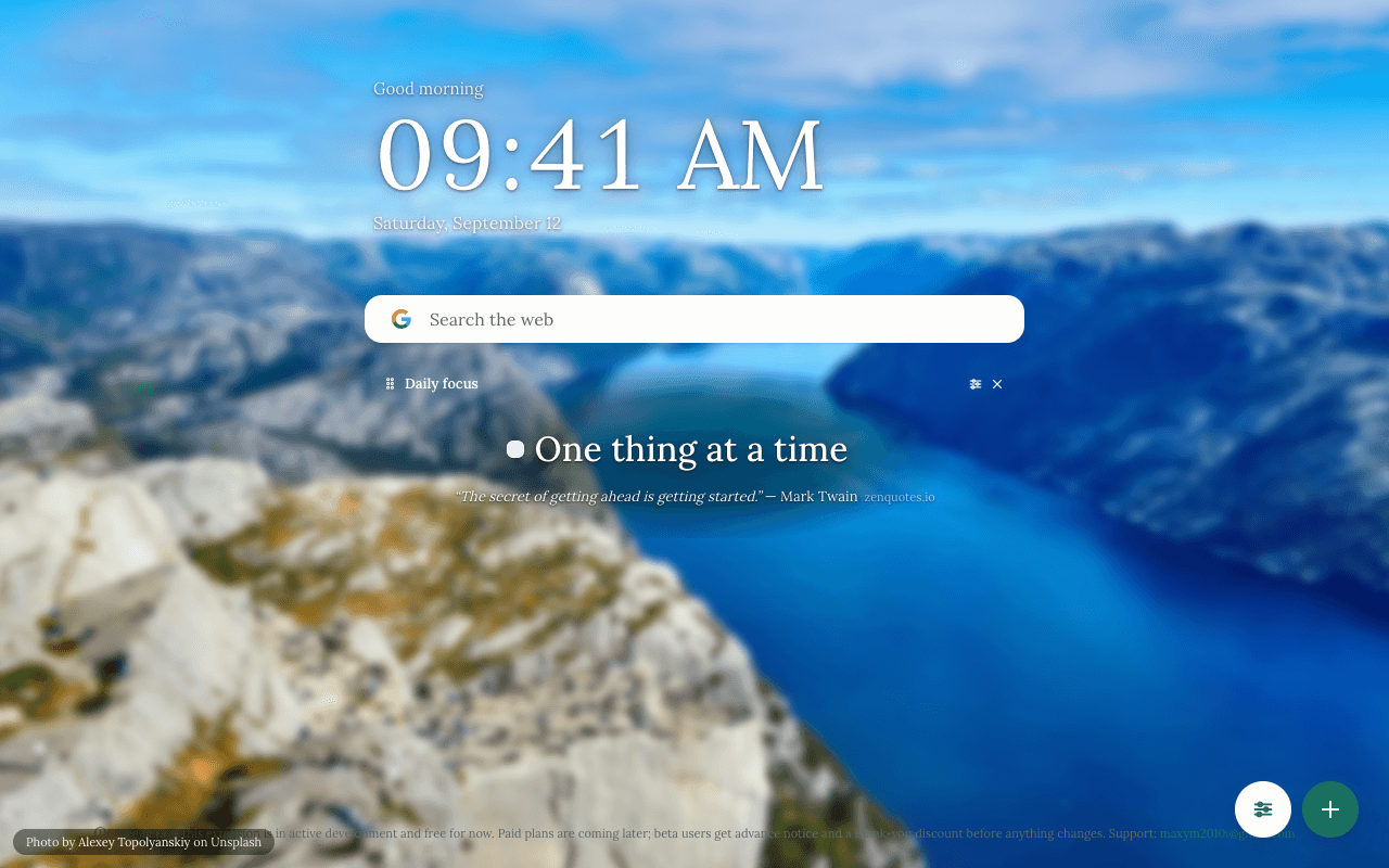 A minimal layout: a large clock, search and one focus for the day over a lake photo.