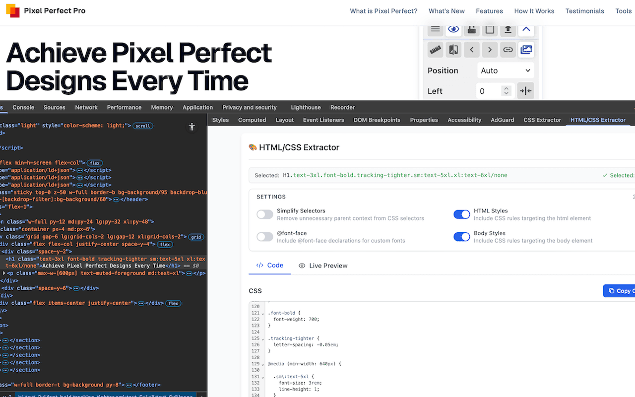 DevTools with the HTML/CSS Extractor pane showing the CSS for the selected heading, and switches for what to include.