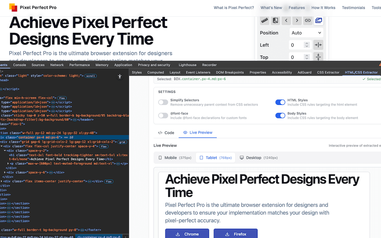 The Live Preview tab rendering the extracted section at tablet width.
