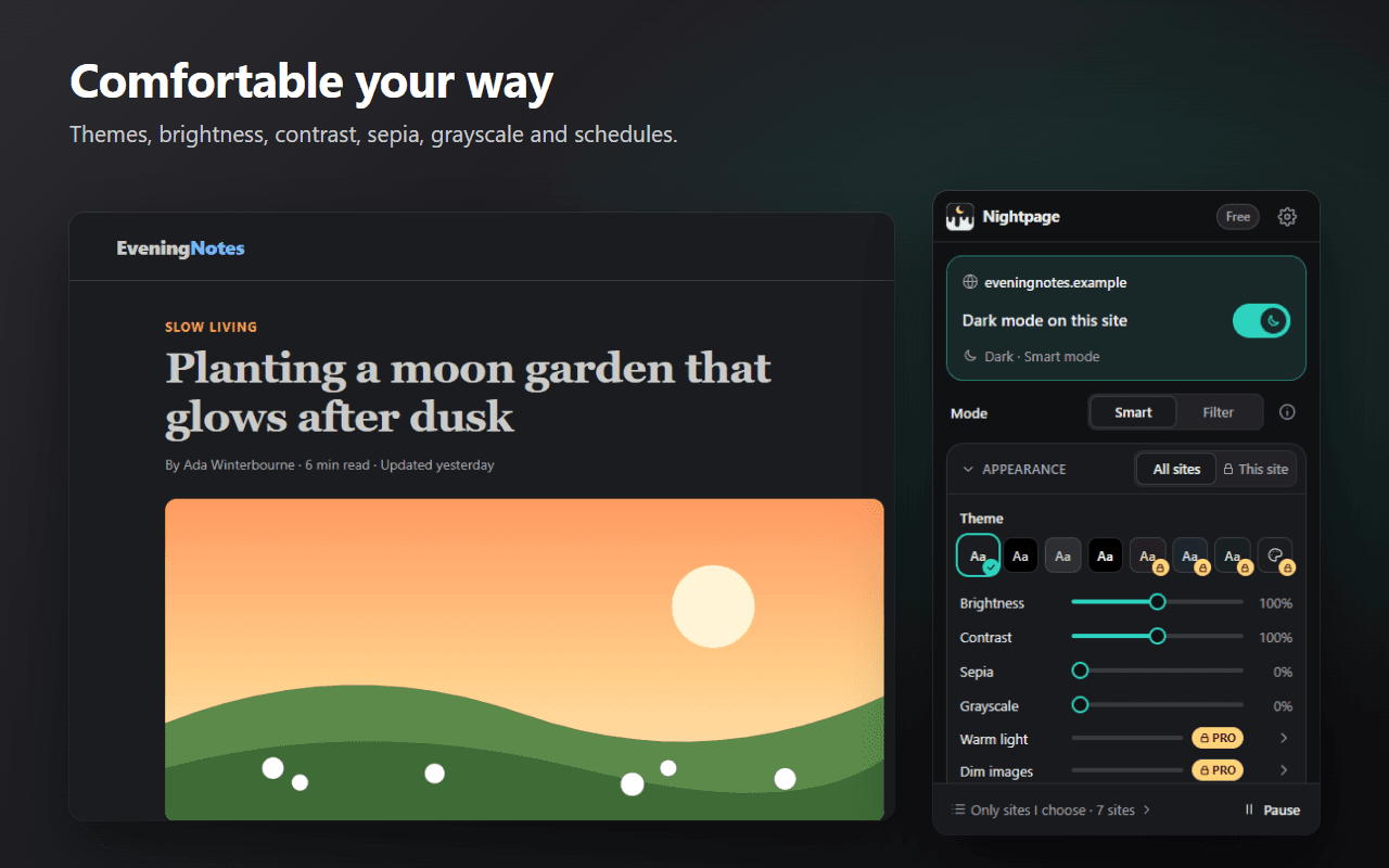 A dark page next to Nightpage’s popup, with themes and brightness, contrast, sepia and grayscale sliders.