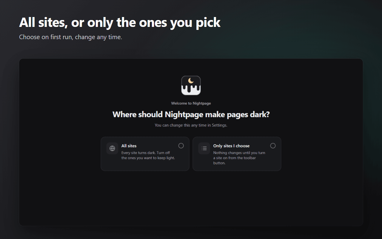 The first-run screen asking where Nightpage should make pages dark: all sites, or only the sites you choose.
