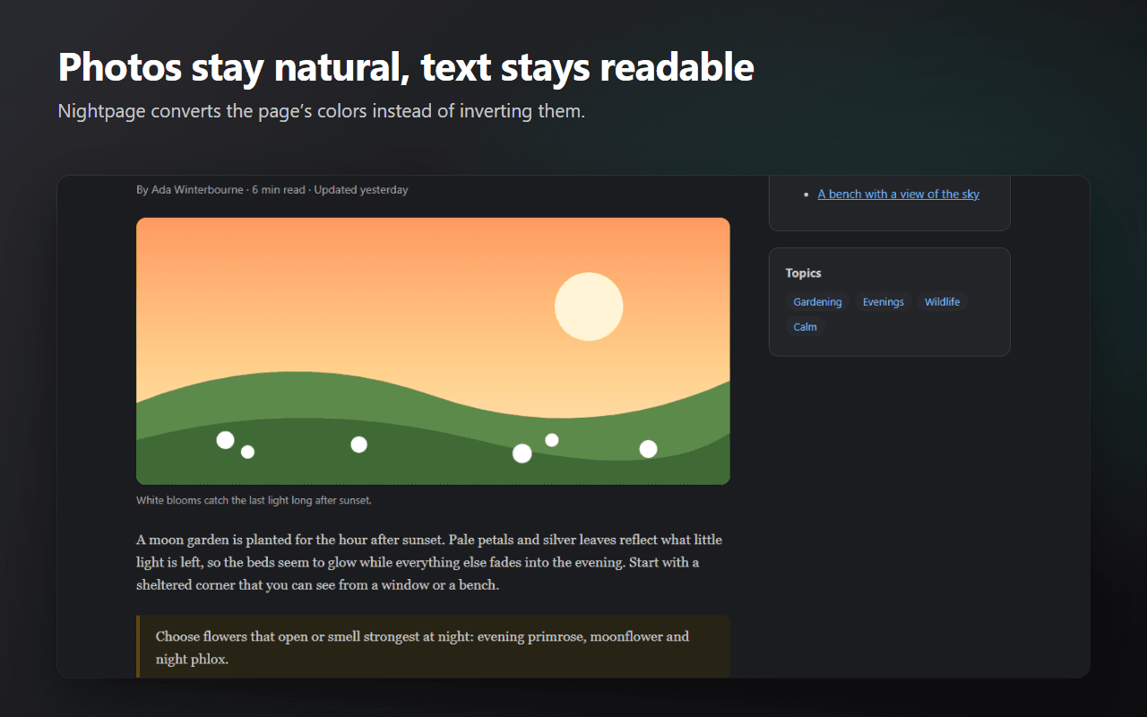 A dark article whose photo keeps its natural colors and whose text stays readable.