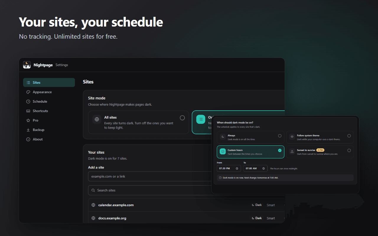 Nightpage’s settings with the list of sites that have dark mode on, and a schedule set to custom hours.