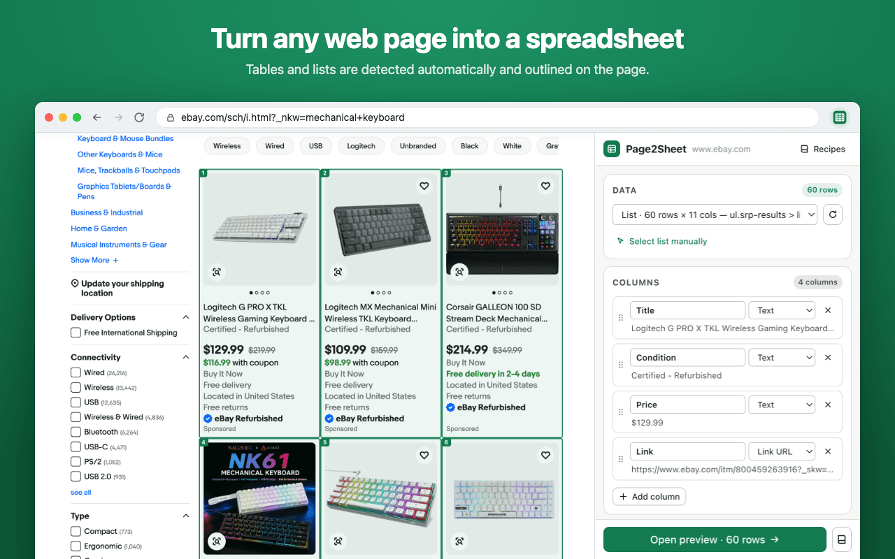Search results with every listing outlined, and Page2Sheet’s side panel showing 60 rows and their Title, Condition, Price and Link columns.