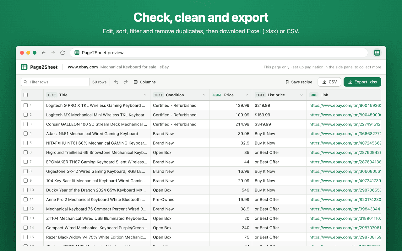 The preview: a table of 60 keyboards with condition, price and link, and buttons to export Excel or CSV.