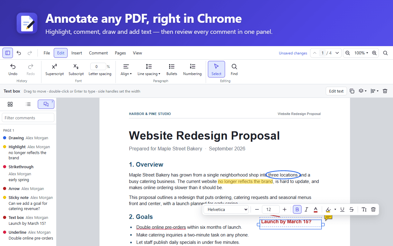 A proposal open in PDF Editor with highlighted and circled text, a text box being formatted, and the comments panel listing every comment.