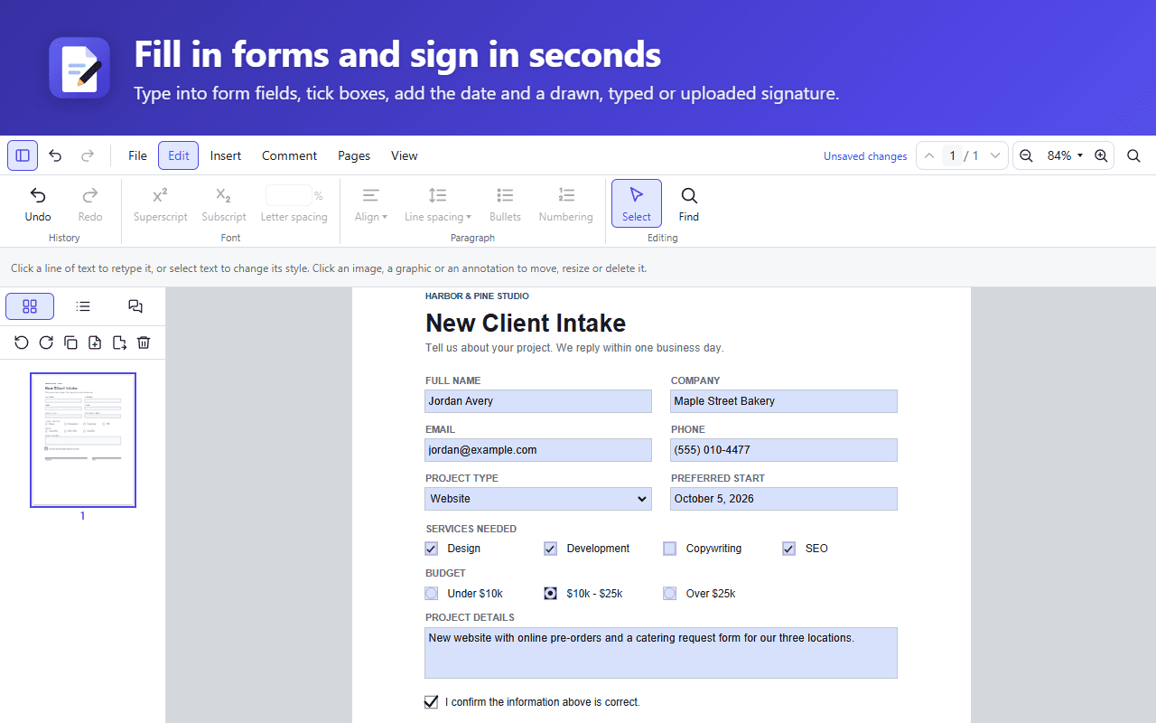 A client intake form filled in inside PDF Editor, with typed fields, ticked boxes and a chosen budget.