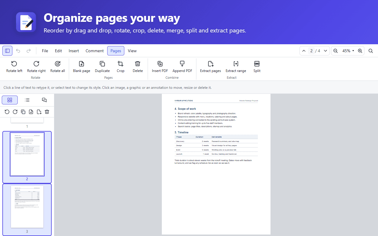 The Pages tab with rotate, crop, merge, extract and split, next to the page thumbnails in the sidebar.