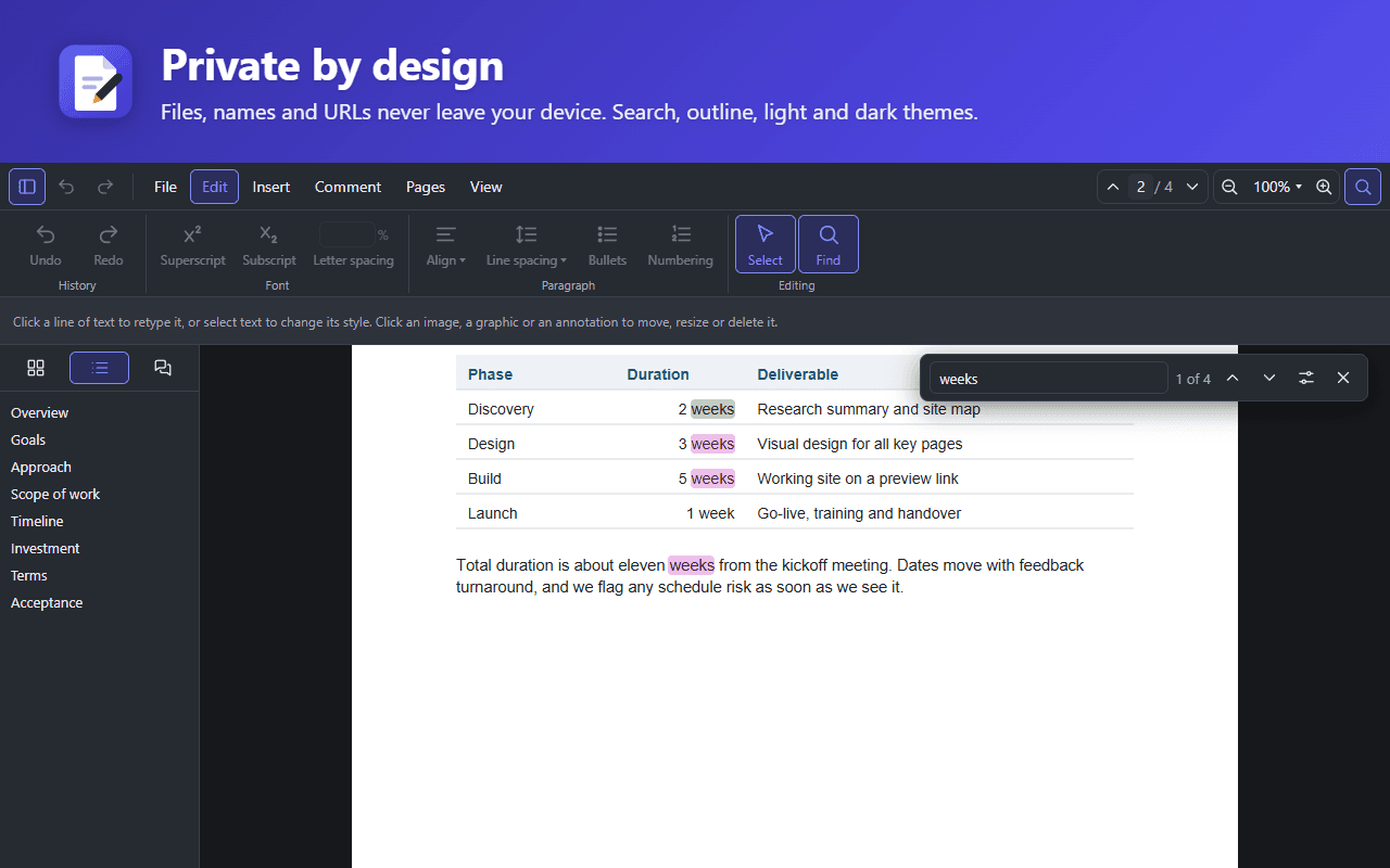 PDF Editor in its dark theme, with the document outline in the sidebar and search results highlighted on the page.