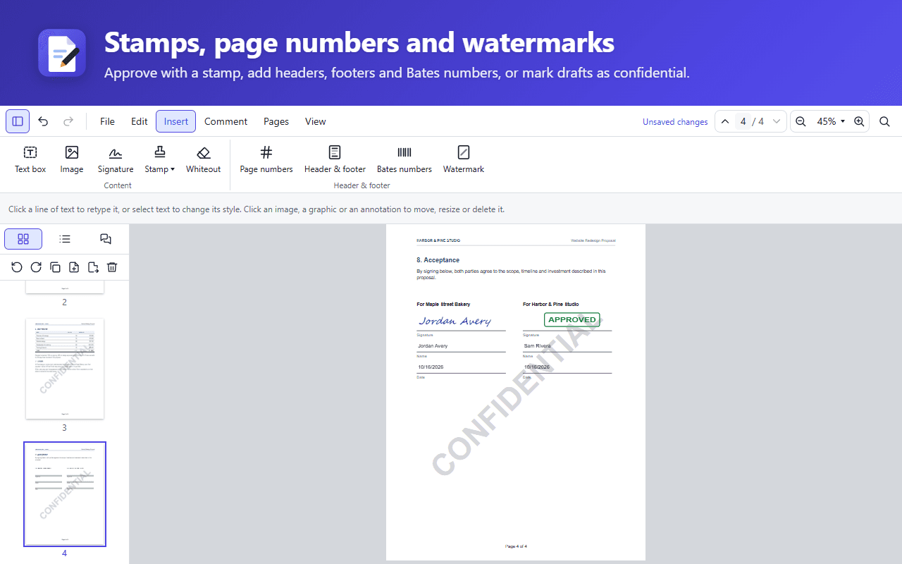 A signed page with an APPROVED stamp, a CONFIDENTIAL watermark and a page number in the footer.