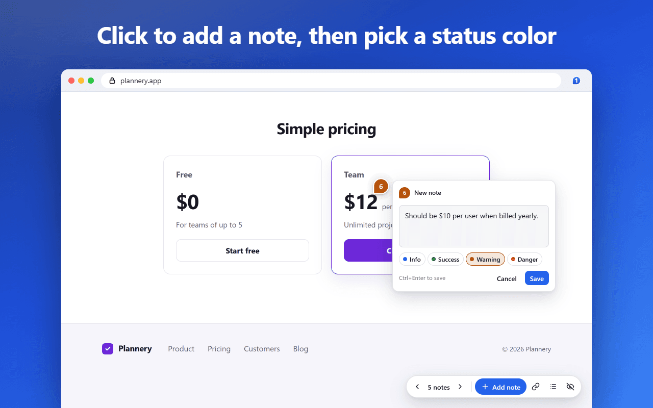 A pricing page with a new Pinlet note on the Team plan reading “Should be $10 per user when billed yearly”, and the Info, Success, Warning and Danger status colors.
