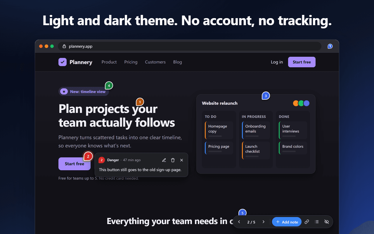 Numbered notes, one open, and the Pinlet toolbar in the dark theme.