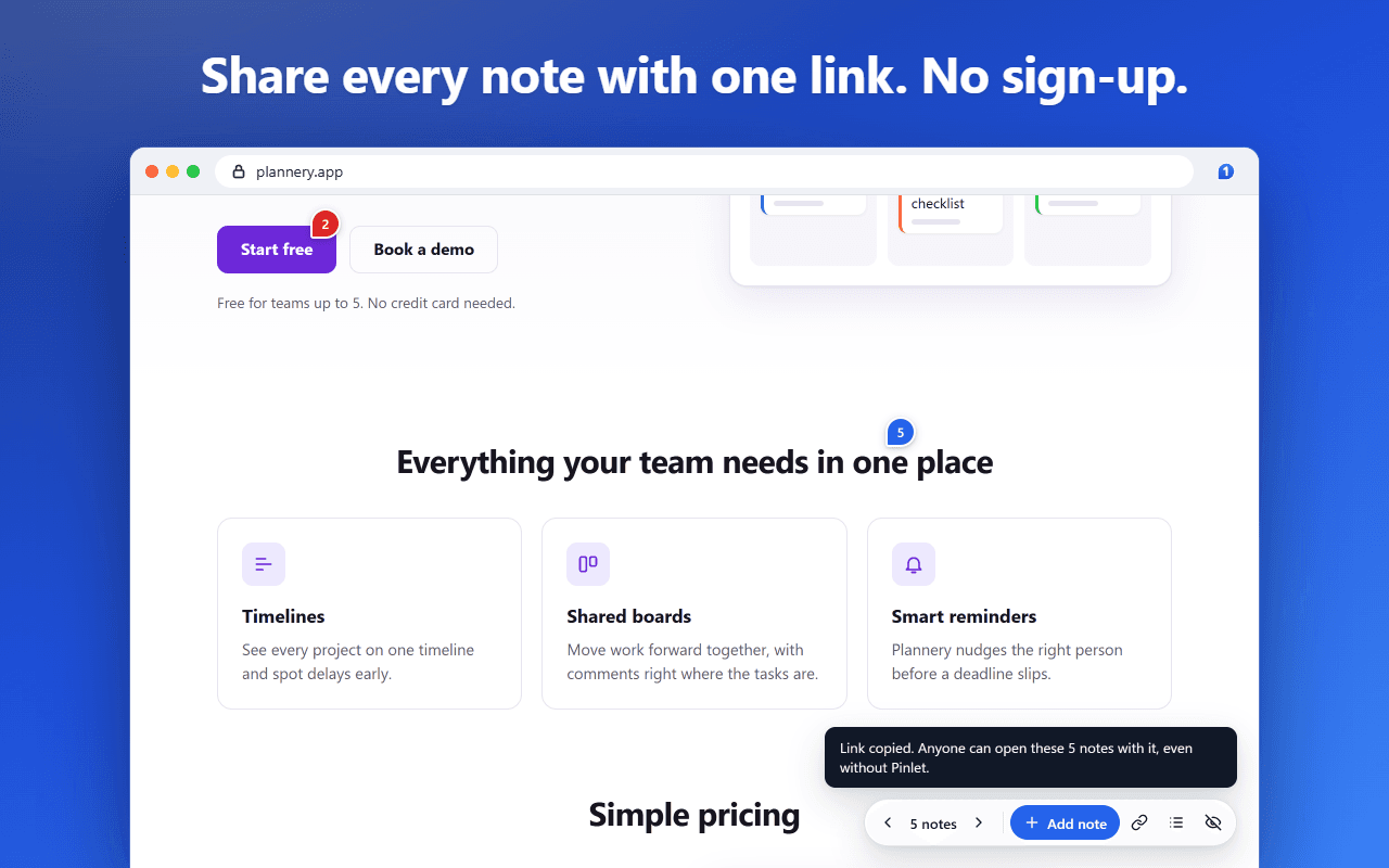 Pinlet’s toolbar after copying a share link: “Link copied. Anyone can open these 5 notes with it, even without Pinlet.”