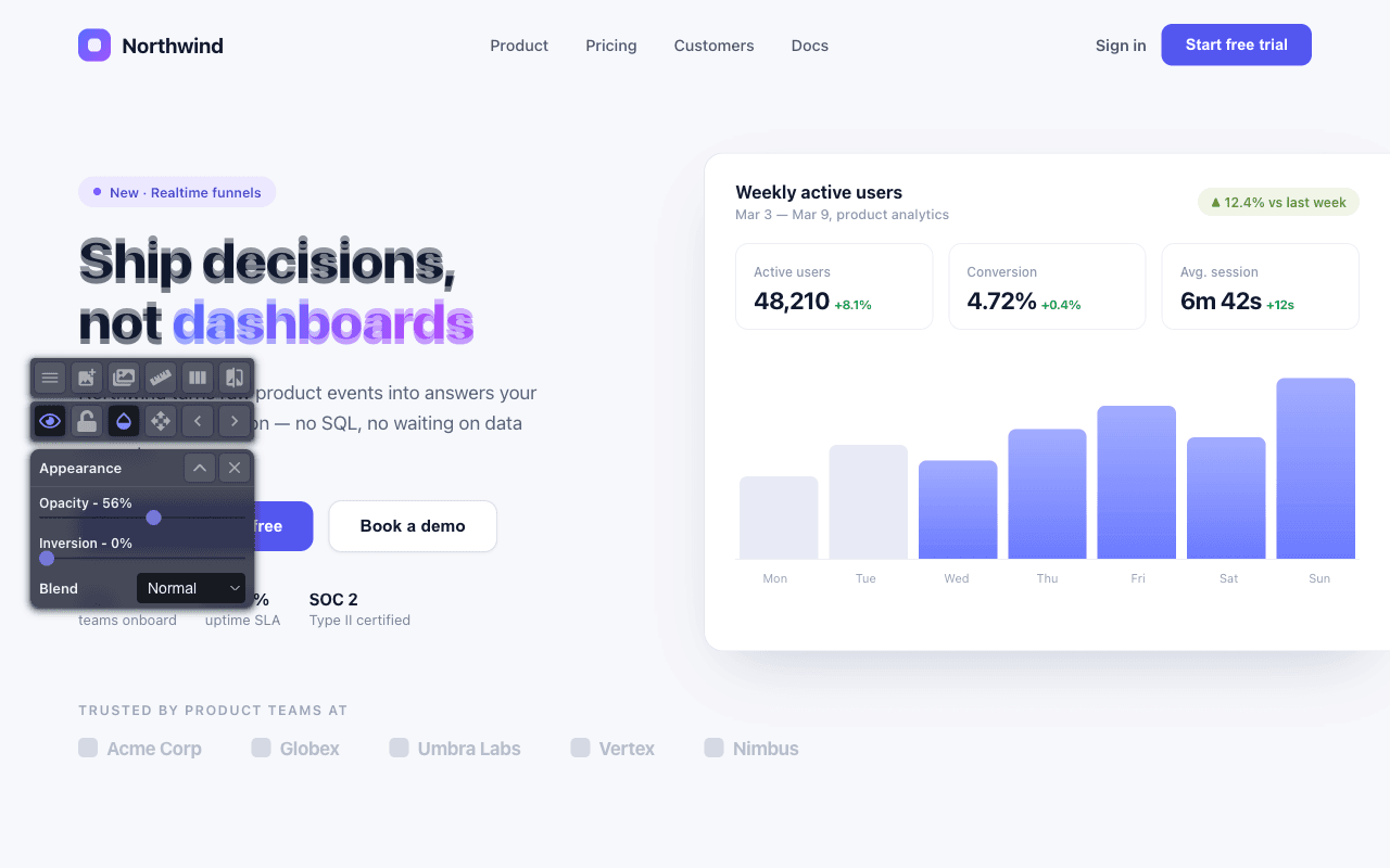 A design over a landing page at 56% opacity, with the Pixel Perfect Pro toolbar and its Appearance panel.