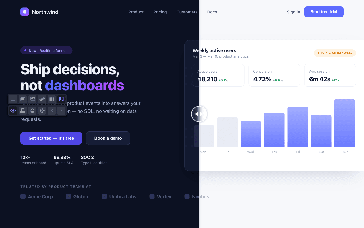 The compare slider wiping between a dark design and the light page built from it.