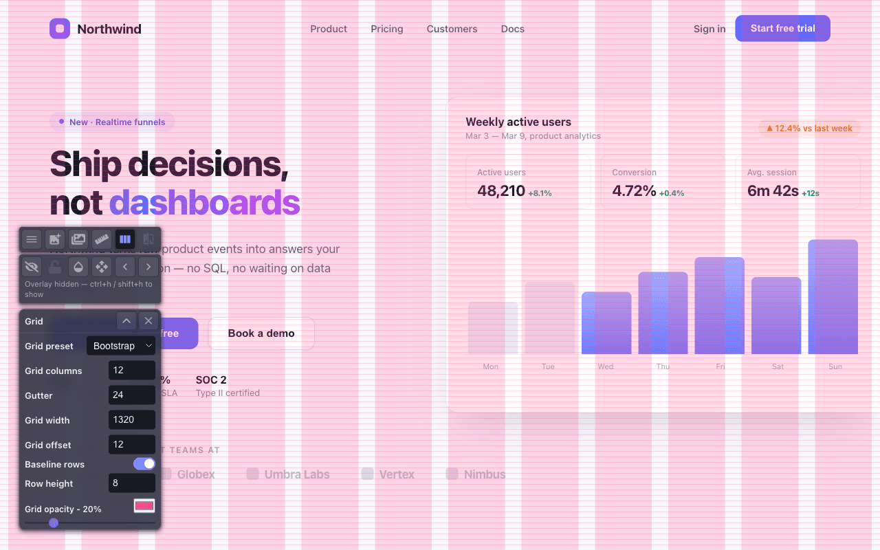 A 12-column Bootstrap grid with baseline rows over a landing page, and the grid settings.
