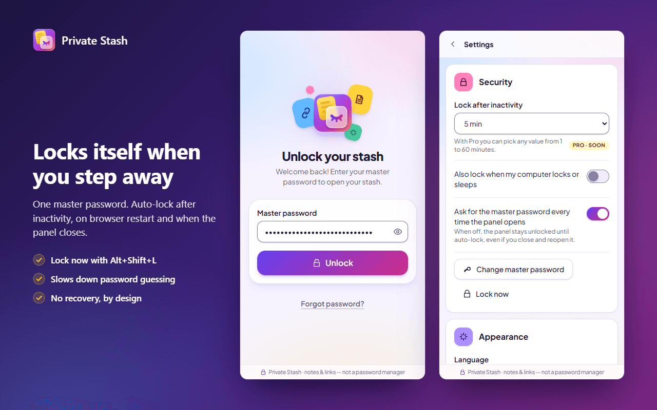 The unlock screen asking for the master password, next to Security settings with the lock after 5 minutes of inactivity.
