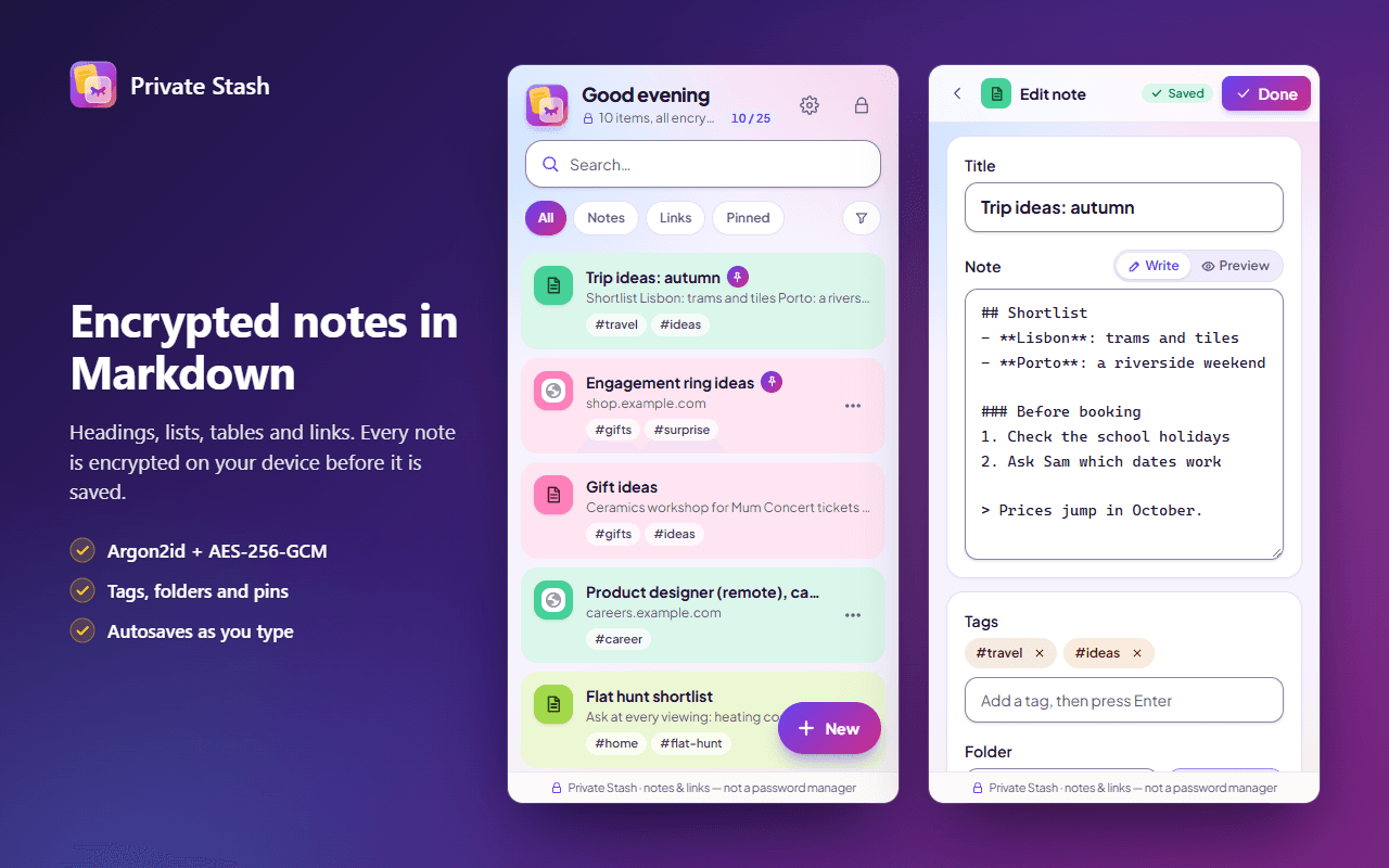 Private Stash’s side panel with notes and links in colored cards, next to a note being written in Markdown.
