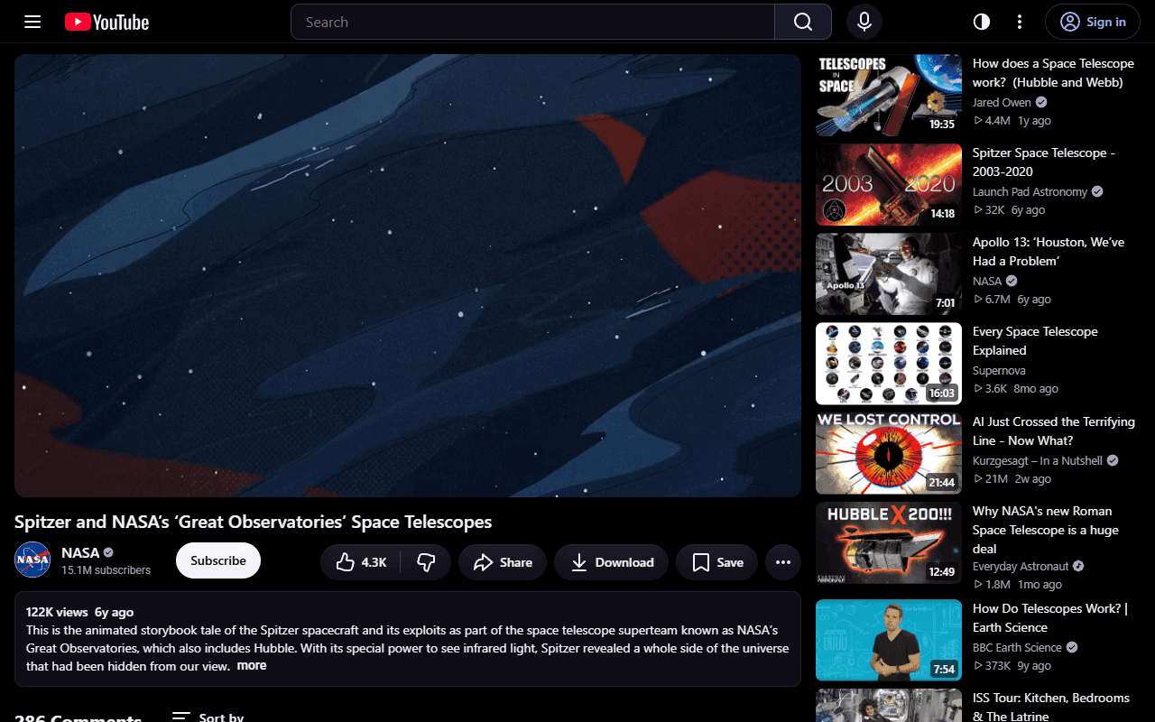 A YouTube watch page in the Midnight theme: true black around the player and the recommended videos.