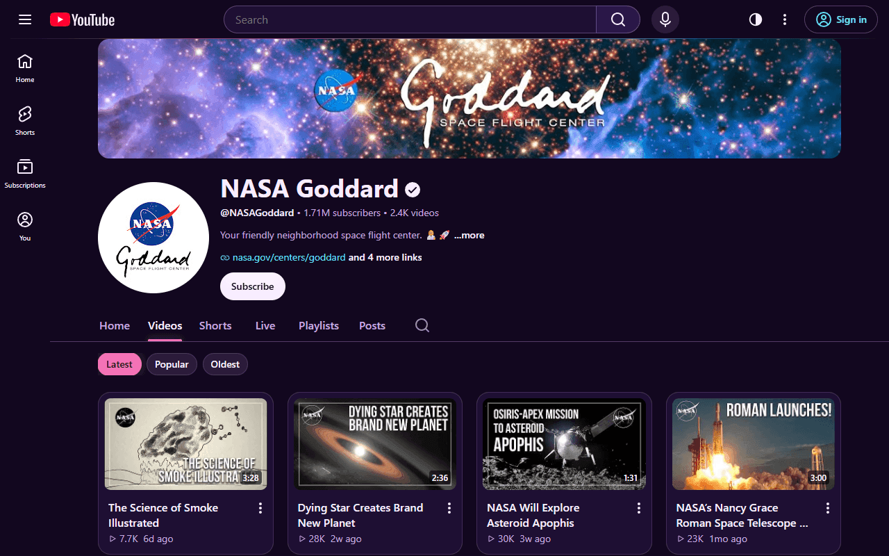 The NASA Goddard channel in the Neon theme: deep aubergine surfaces with pink accents.