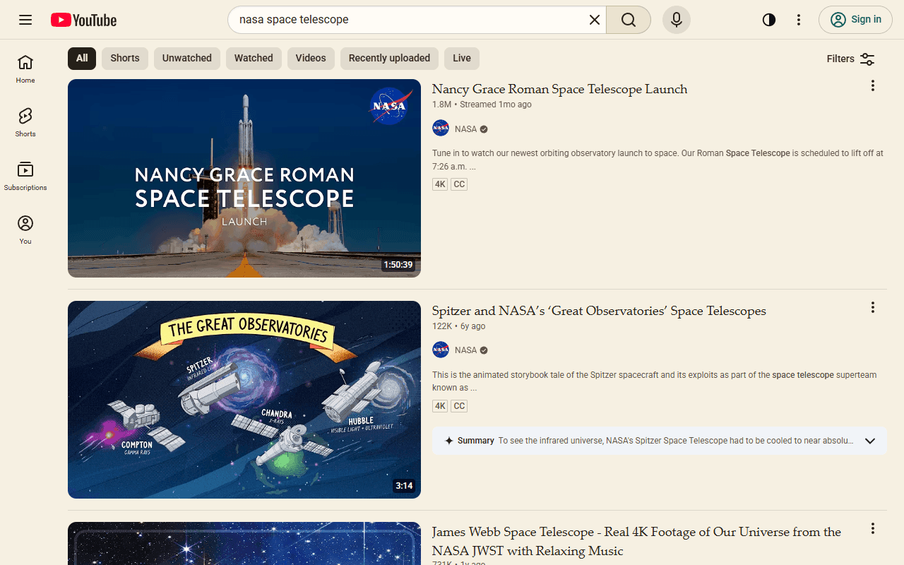 YouTube search results in the Paper theme: a warm ivory page with serif titles and teal accents.