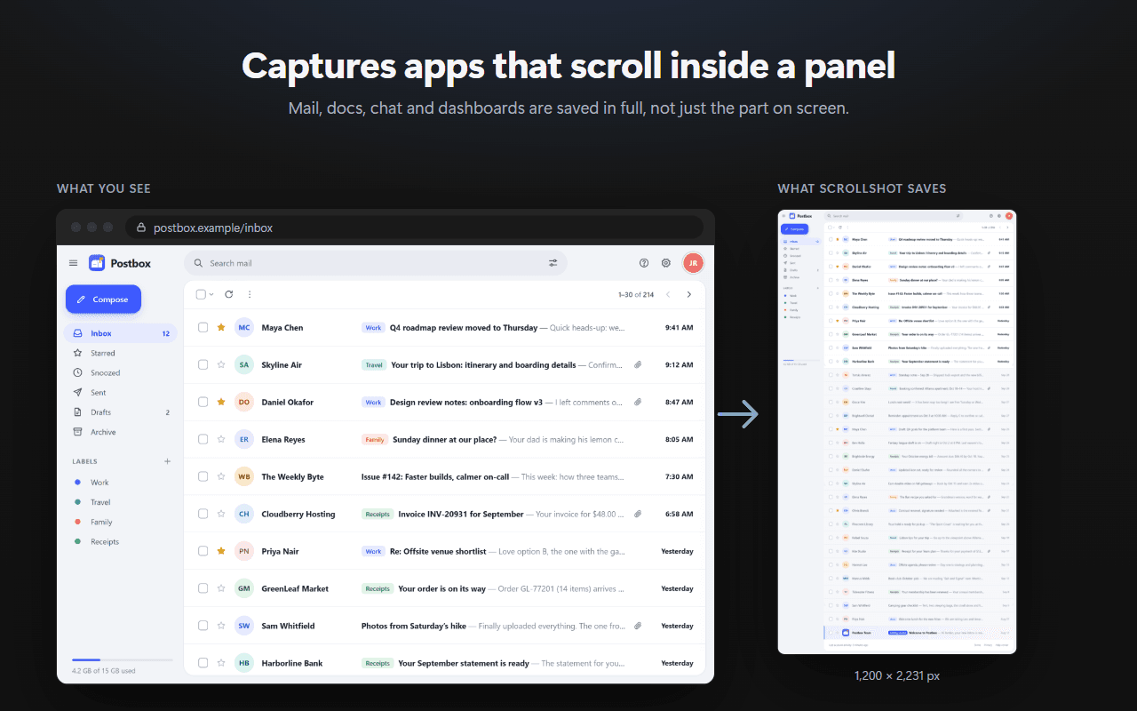An inbox that scrolls inside a panel, and Scrollshot’s capture of the whole list as one tall image.