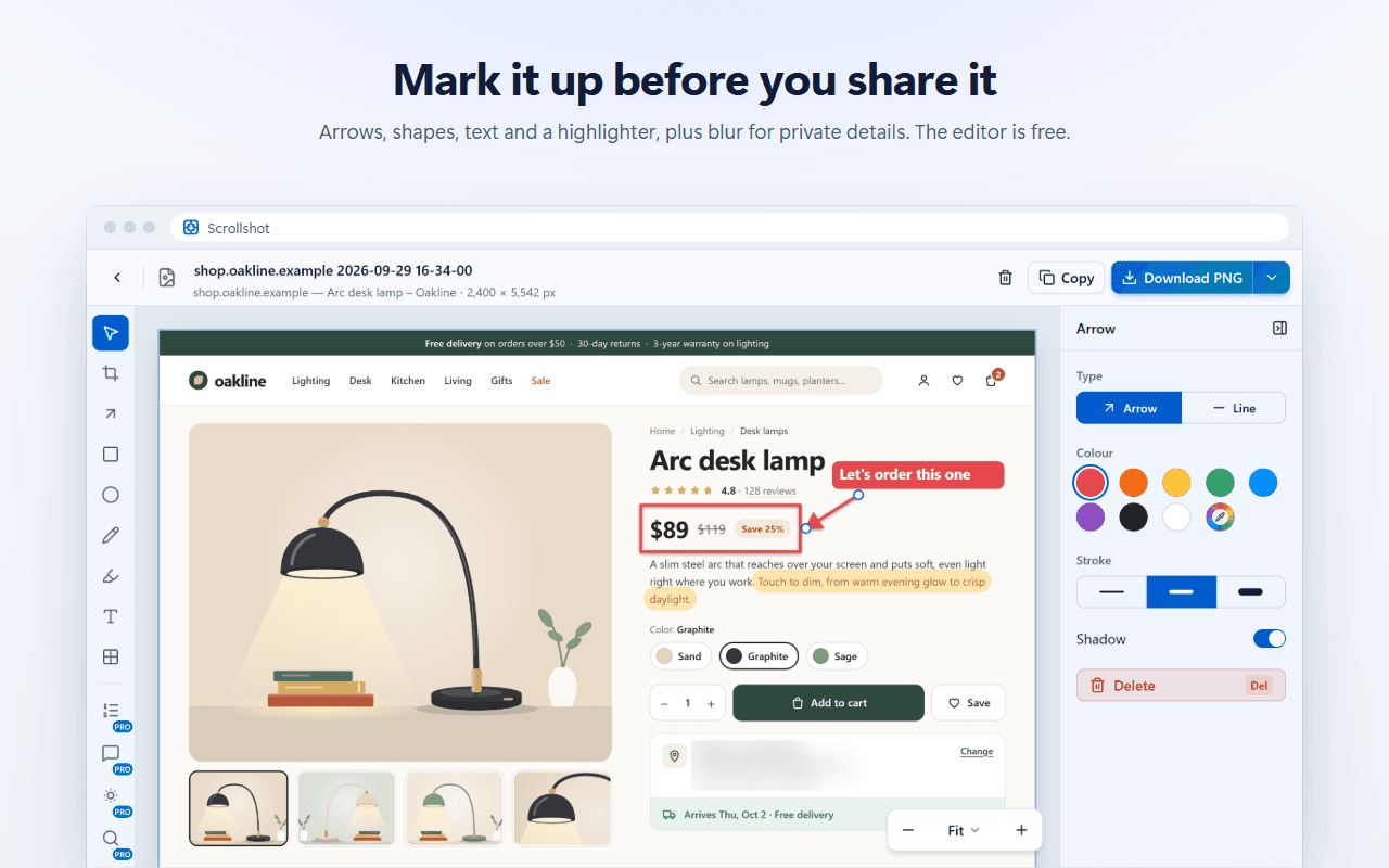 The editor with an arrow and a callout on a product page, and part of the page blurred.