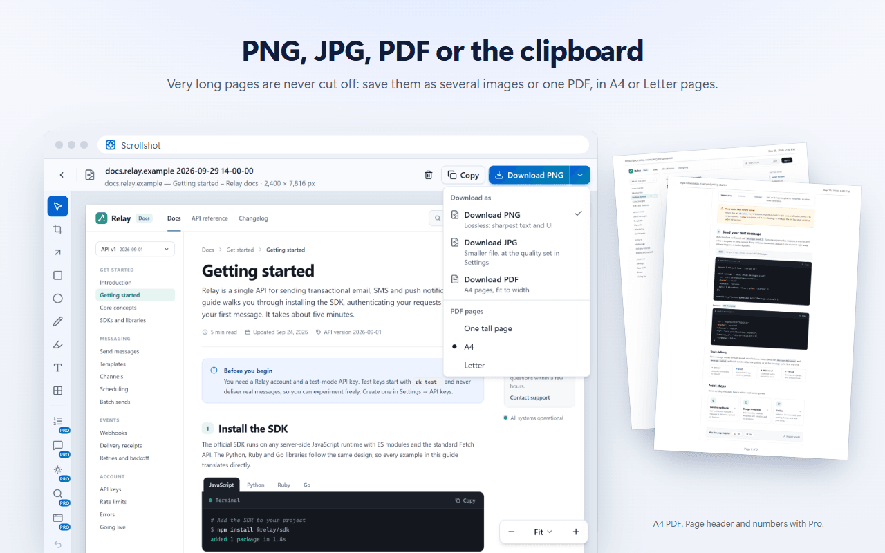 The download menu with PNG, JPG and PDF, next to the same page saved as A4 PDF pages.