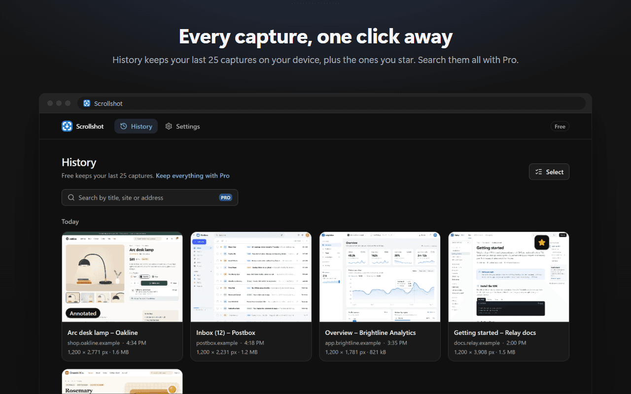 The History page with recent captures as thumbnails, one of them starred.