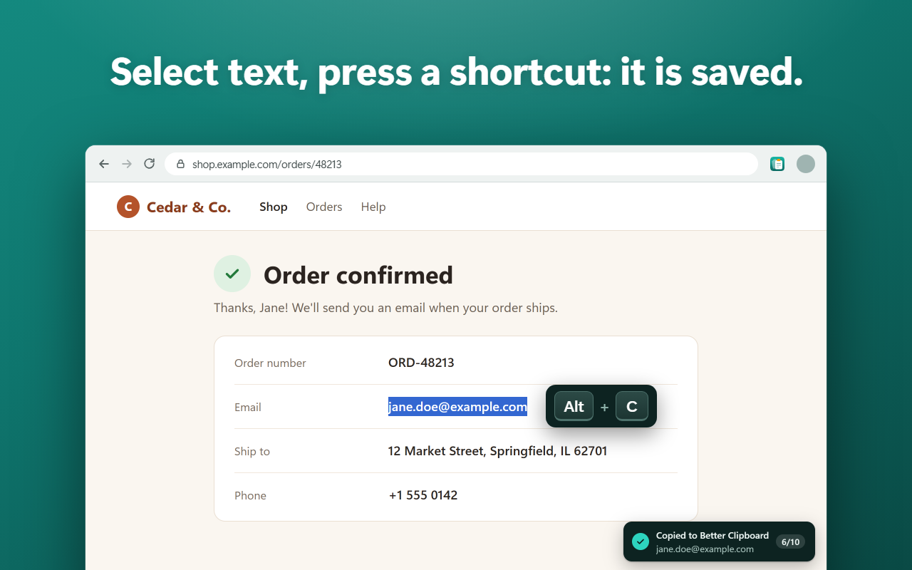 An email address selected on an order page with Alt+C pressed, and “Copied to Better Clipboard” in the corner of the page.