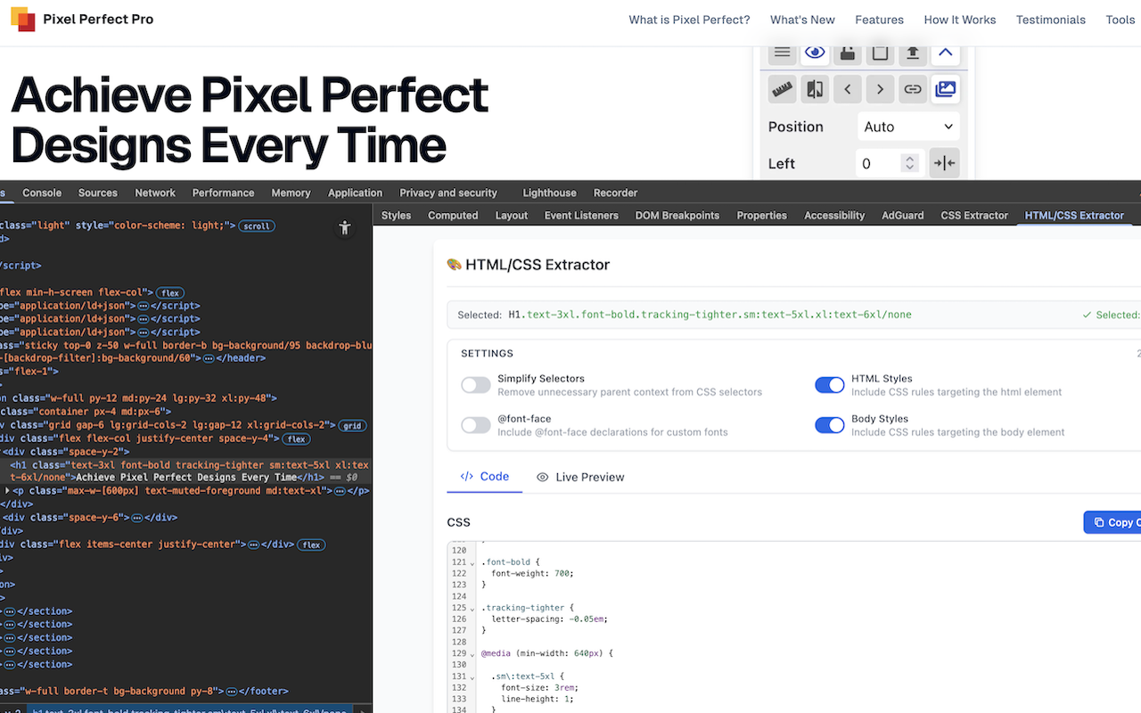DevTools with the HTML/CSS Extractor pane showing the CSS for the selected heading, and switches for what to include.