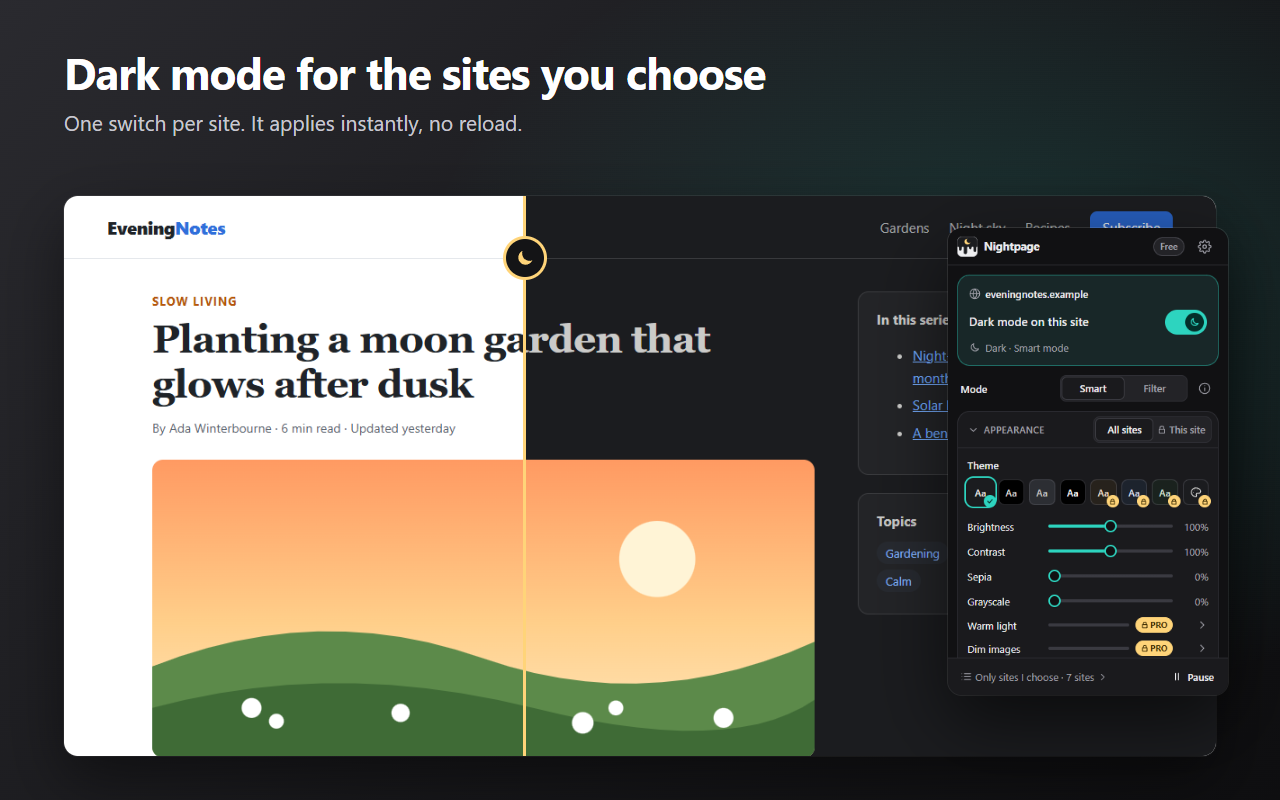 An article that’s half light and half dark, with Nightpage’s popup showing dark mode switched on for the site.