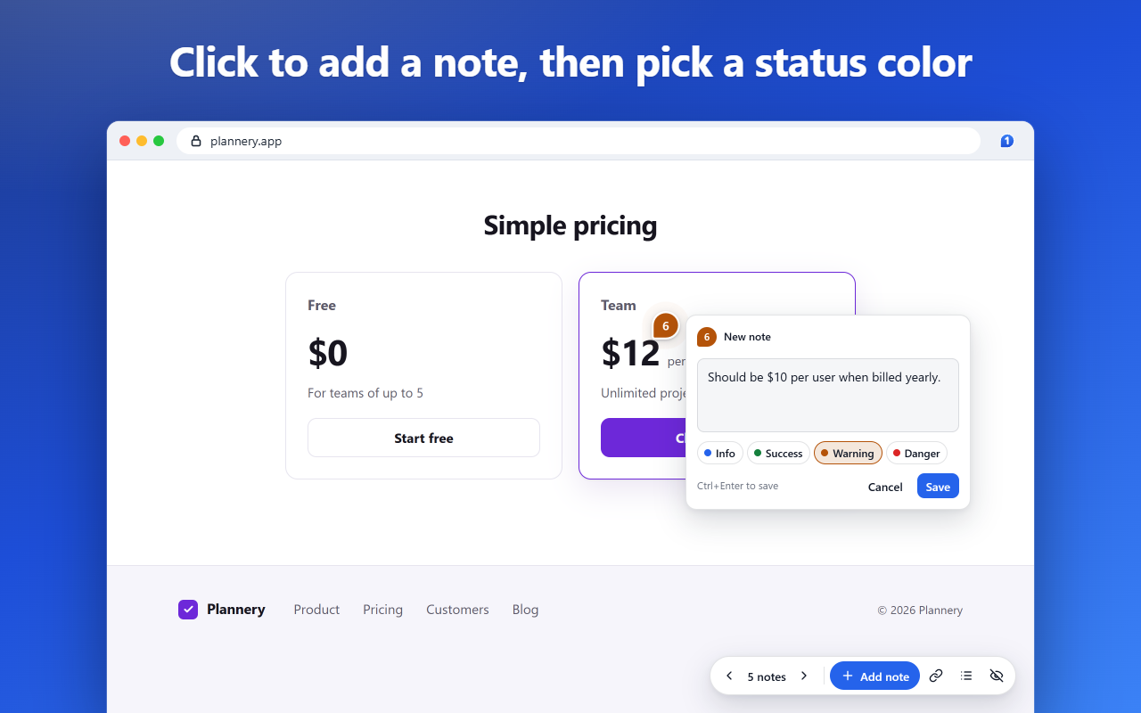 A pricing page with a new Pinlet note on the Team plan reading “Should be $10 per user when billed yearly”, and the Info, Success, Warning and Danger status colors.
