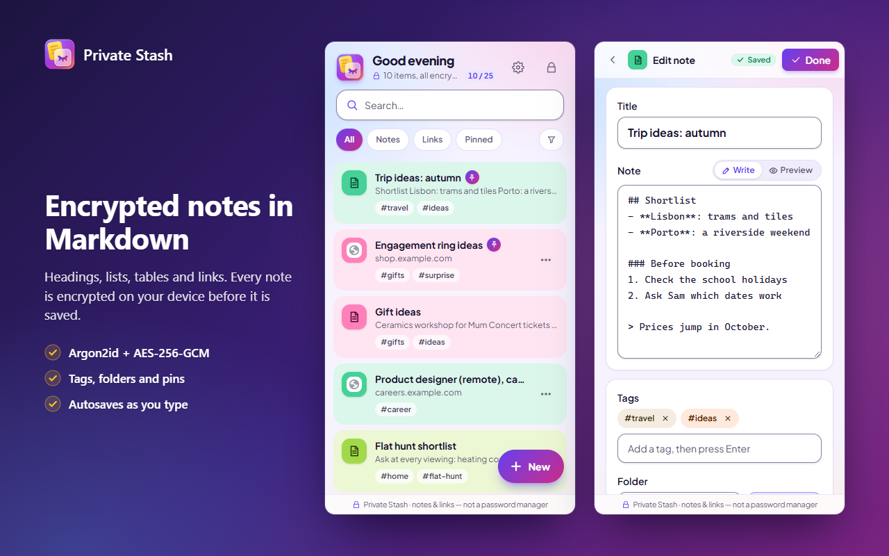 Private Stash’s side panel with notes and links in colored cards, next to a note being written in Markdown.