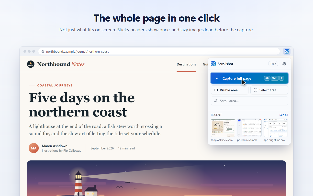 Scrollshot’s popup on an article, with Capture full page, Visible area, Select area and recent captures.